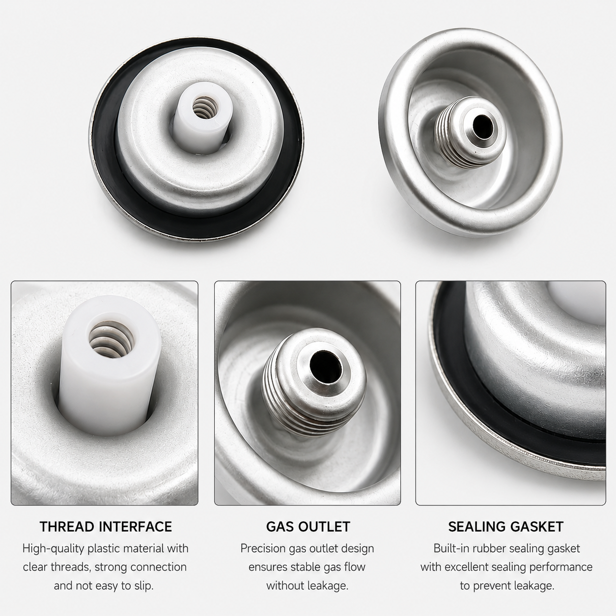 Threaded camping gas canister interface, gas outlet and sealing gasket details